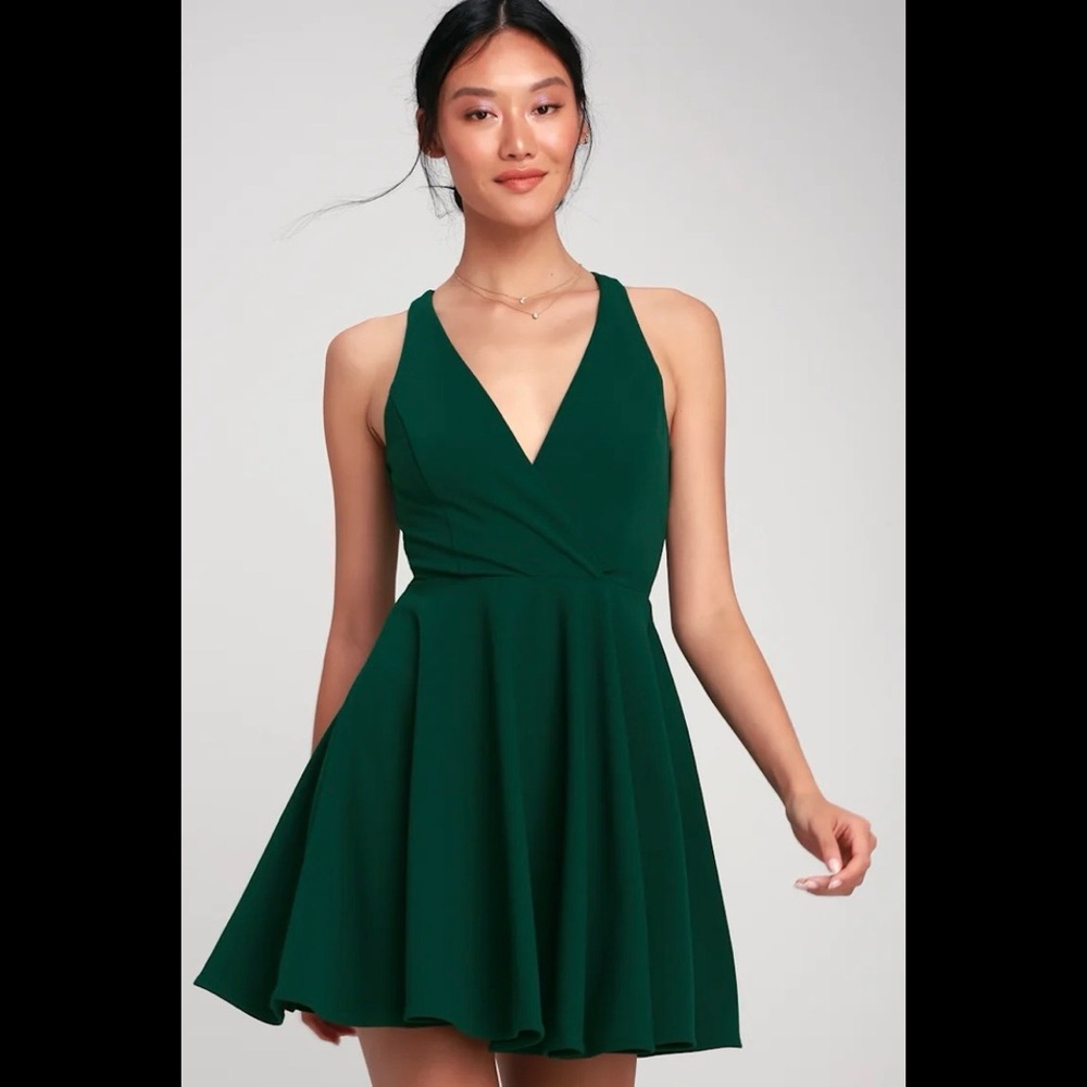 NWT LULUS Wonder Whirl Dark Green Twist Back Skater Dress